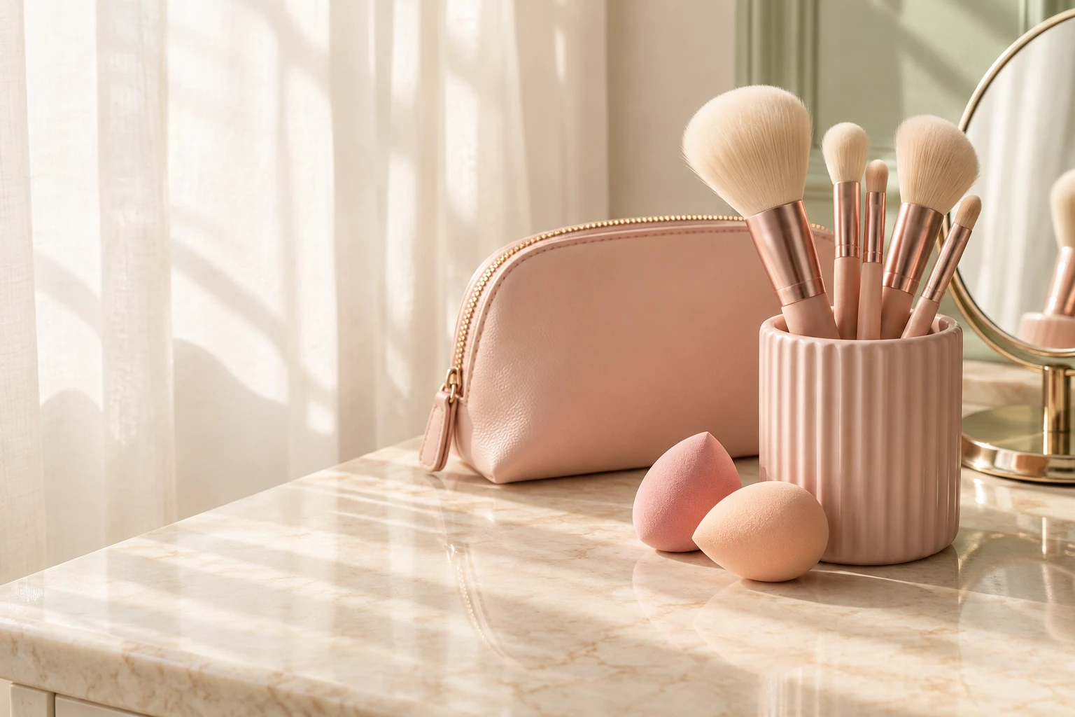 Soft pink beauty tools on a sunlit vanity